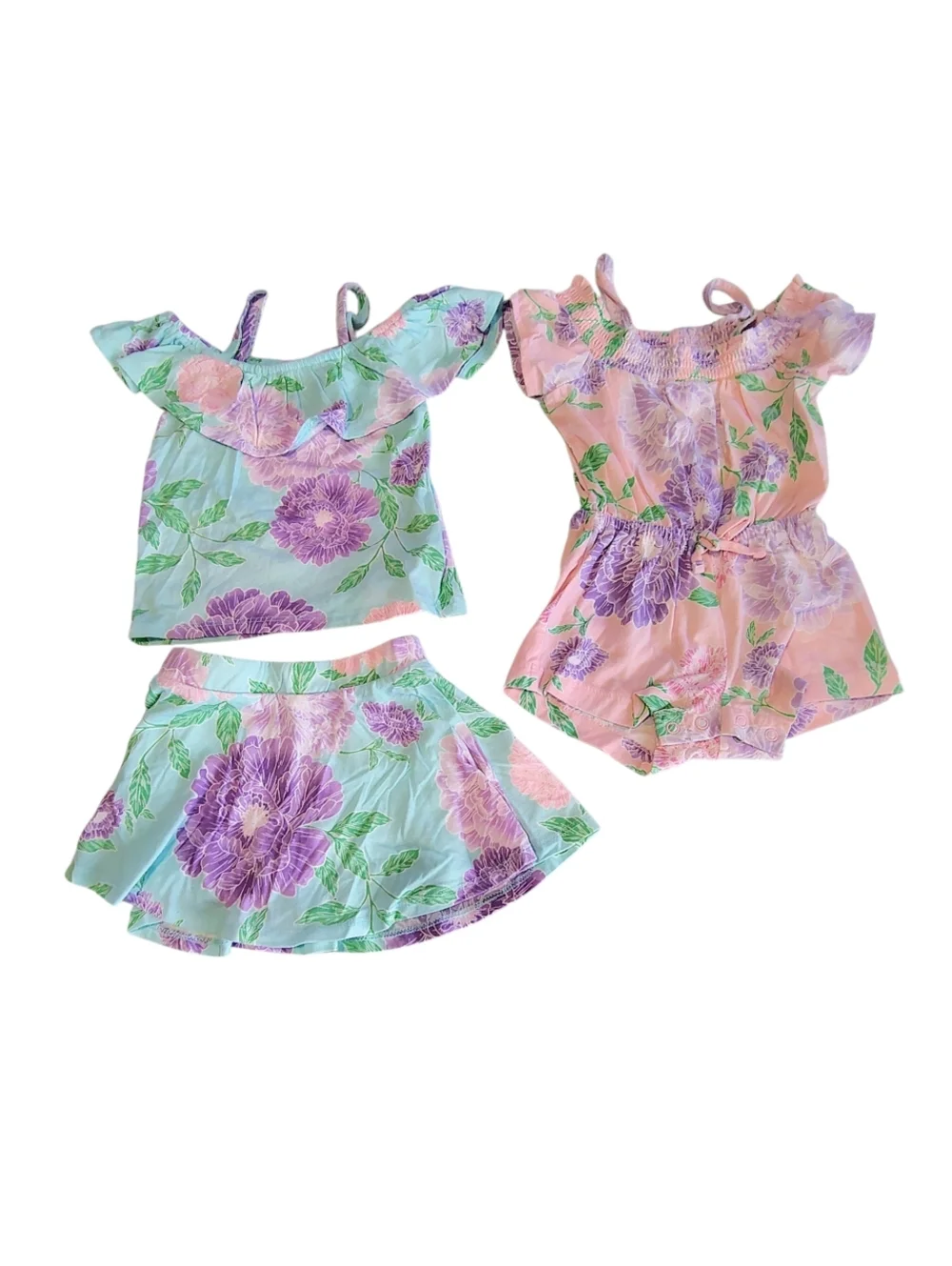 Children's Place Blue Purple Pink Floral Romper Bundle Set Size 18 To 24 Months